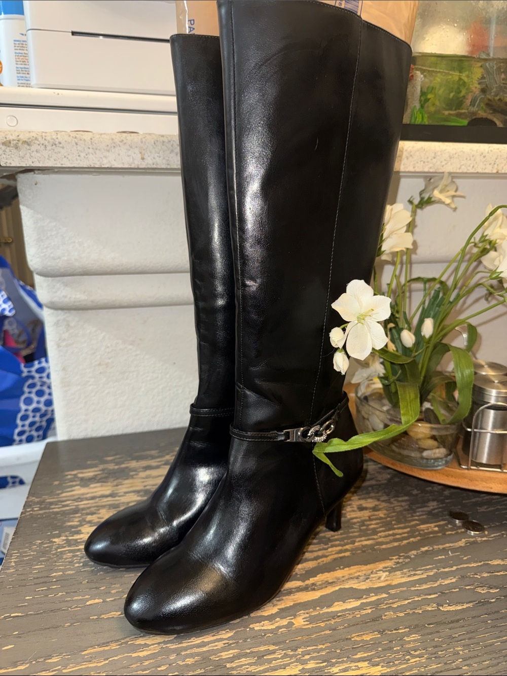 Karen Scott Black Leather Knee-High Boots with Chain Detail